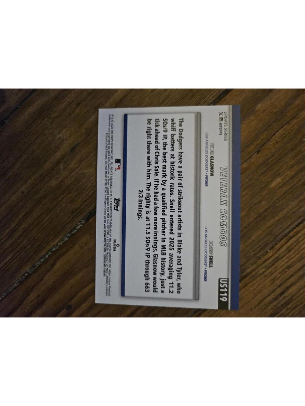 2025 Topps Update- Blake Snell/ Tyler Glasnow #US119 - Dodgers- Raw Mint - Picture 2 of 2
